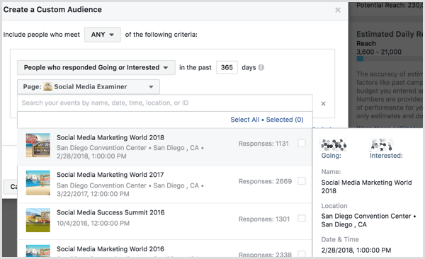Facebook Ads Manager opretter tilpasset målgruppe baseret på begivenhedsengagement