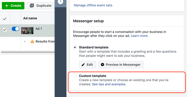 Sådan målrettes varme kundeemner med Facebook Messenger-annoncer, trin 10, tilpasset skabelonindstilling for messenger-destination