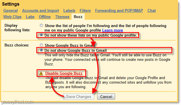 i gmail-indstillinger skal du klikke på fanen Google Buzz