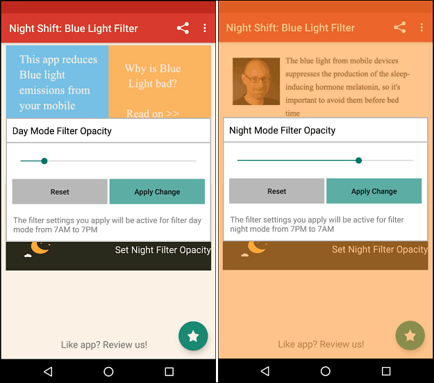 natskift blå lysfilter Android