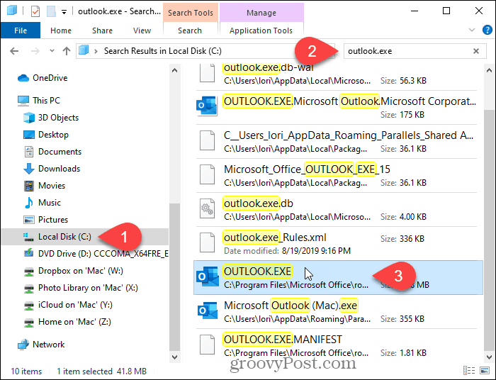 Søg efter Outlook i File Explorer
