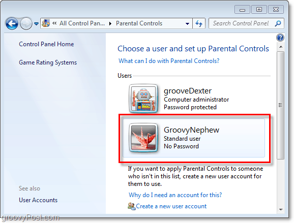 vælg en bruger til at justere egenskaberne for forældrekontrol i Windows 7