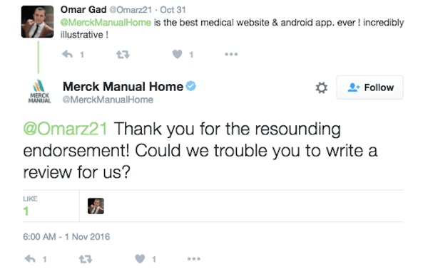 Merck Manual Home opfordrer en kunde til at give en anmeldelse af deres app.
