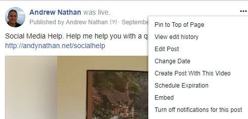 For at få indlejringskoden til et Facebook Live-videoindlæg skal du klikke på trepunktsmenuen og vælge Integrer.