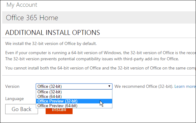 Installer Office 2016-forhåndsvisning