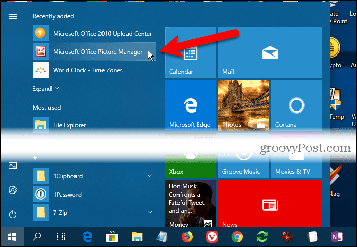 Microsoft Office Picture Manager under For nylig tilføjet i Windows 10 Start-menuen