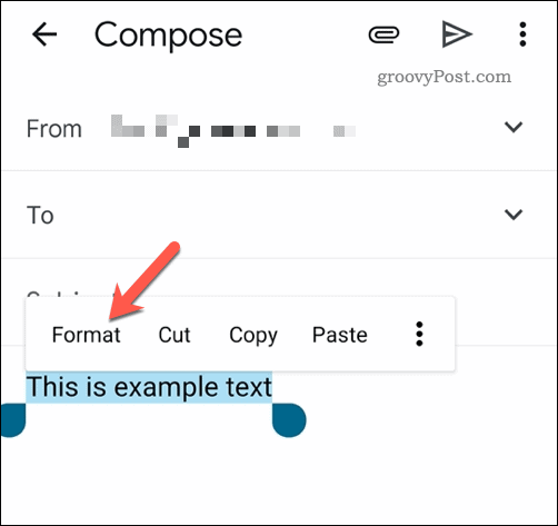 Formatering af valgt tekst i Gmail-appen på mobilen
