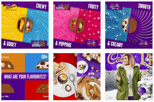 Instagram-feedet til Cadbury fokuserer på deres ikoniske lilla farve.