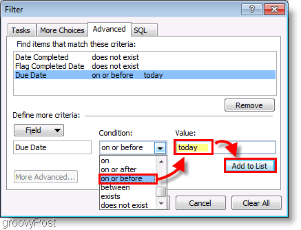 Skærmbillede: Opsætningsfilter for Outlook 2007 til opgave i dag