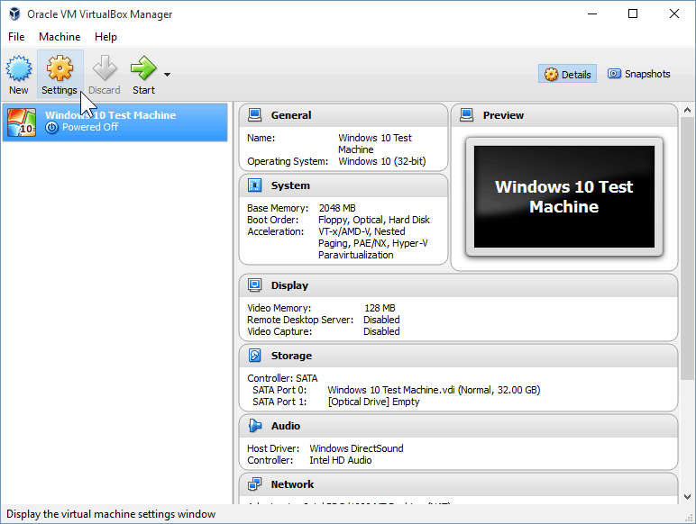 09 Åbning af VirtualBox-indstillinger (Windows 10-installation)