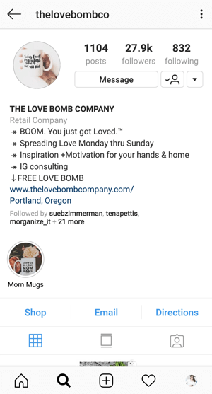 Eksempel på Instagram Business-profilbio med tilbud fra @thelovebombco.