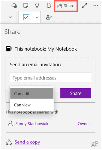 Del en notesbog i OneNote til Windows 10