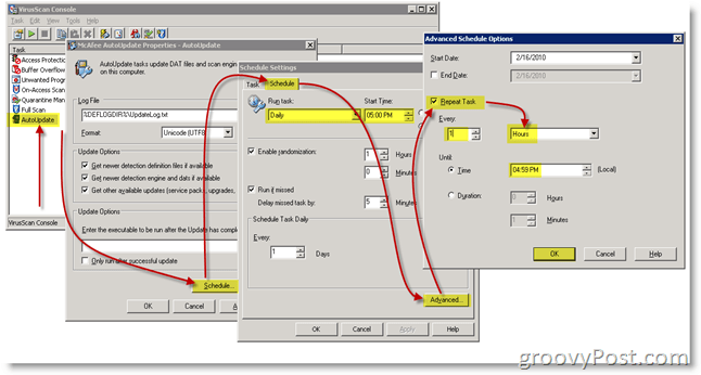 Konfigurer McAfee VirusScan til at tjekke for opdateringer hver time