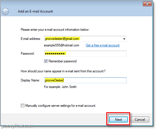 indtast legitimationsoplysninger for e-mail-konto i Windows Live Mail
