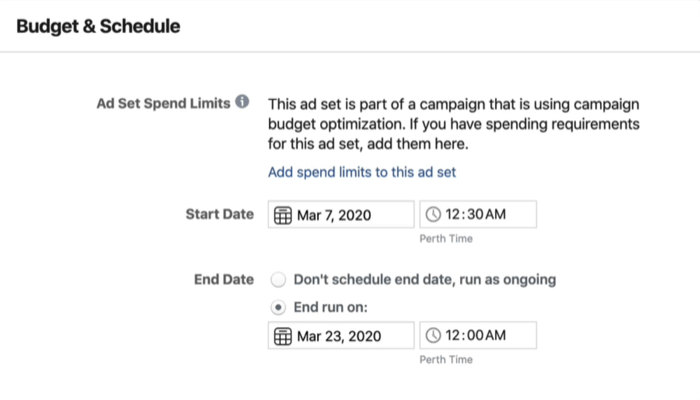 Budget & tidsplan sektion på annonceniveau niveau i Facebook Ads Manager