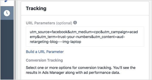 I Ads Manager skal du tilføje dine sporingsparametre (alt efter spørgsmålstegnet) til feltet URL-parametre.