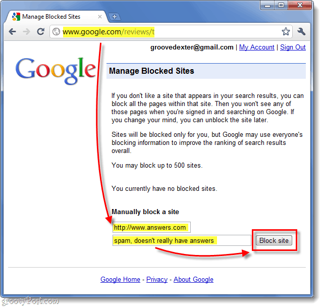 manuelt blokere et websted fra google-søgeresultater 