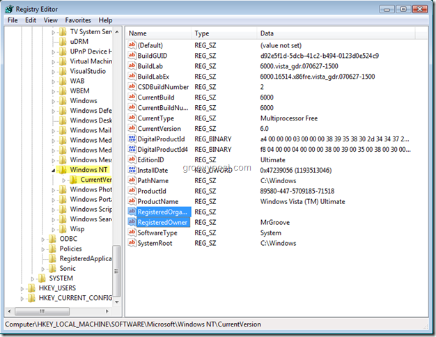 Skærmbillede af Windows Registry Editor