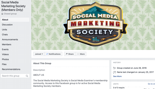 Sådan bruges Facebook Groups-funktioner, eksempel på Facebook-gruppeside til Social Media Marketing Society