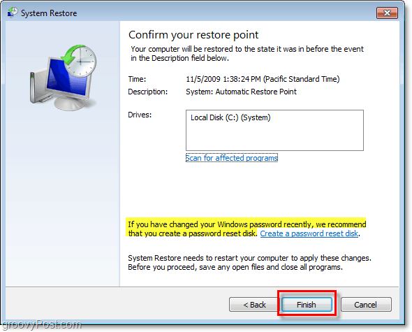 hvordan man kan bekræfte, at du gendanner dine windows 7 med et gendannelsespunkt og opretter en adgangskode nulstil disk