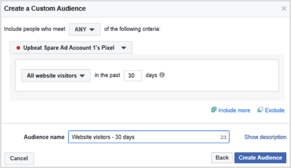 Vælg indstillinger for at oprette et Facebook-tilpasset publikum for alle besøgende på websitet i de sidste 30 dage