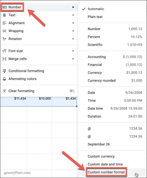 Valg af en tilpasset nummertype i Google Sheets