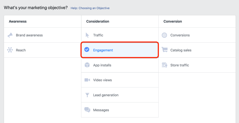 trin 1 i, hvordan man opretter Facebook-engagementskampagne til at fremme kundeundersøgelse