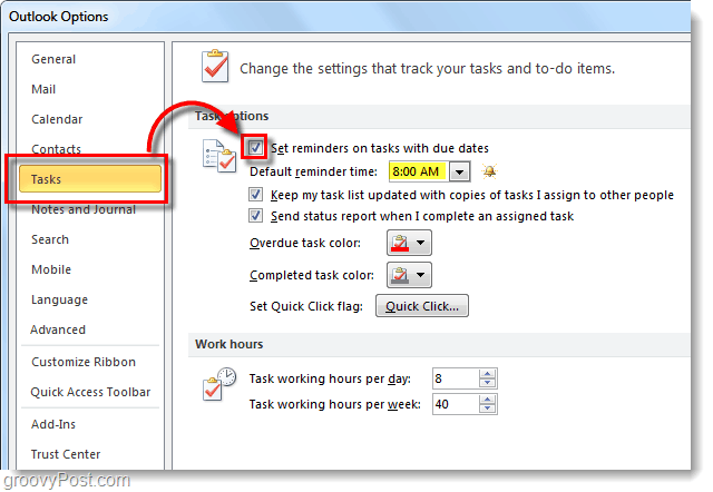 Sådan konfigureres standardopgavepåmindelser til Outlook 2010
