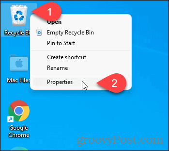 Få egenskaber for papirkurven ved hjælp af skrivebordsikon i Windows 11