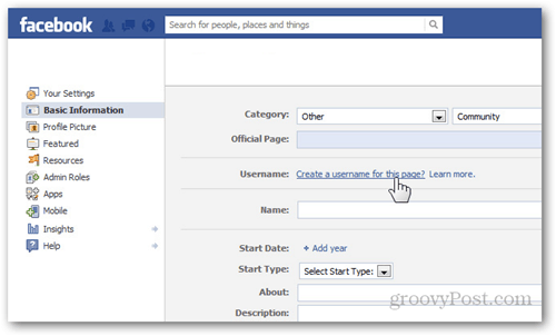 facebook-sideindstillinger grundlæggende information brugernavn opret et brugernavn til denne side