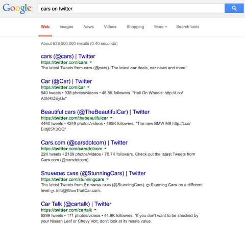 Twitter profil resulterer i Google-søgning efter biler på Twitter