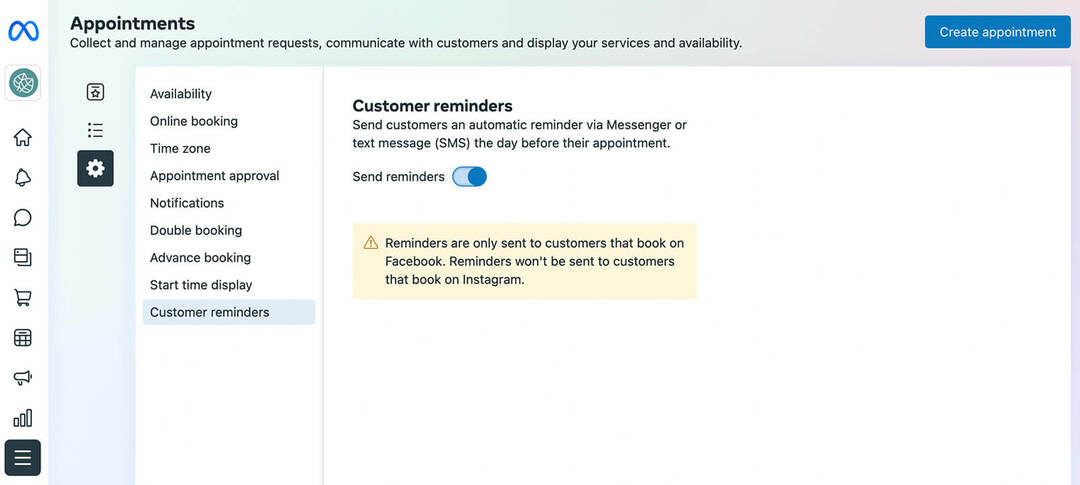 hvordan-man-administreres-bookede-aftaler-eller-reservationer-gennem-meta-business-suite-send-reminders-panel-click-settings-tab-select-customer-reminders-click-toggle-to-enable-example- 19
