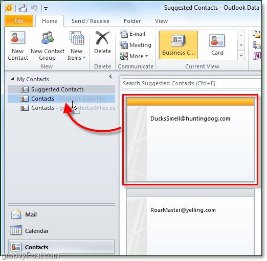 Sådan finder du og tilføjer ikke-gemte Outlook 2010-kontakter