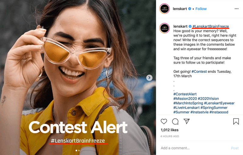 eksempel på Instagram-konkurrenceindlæg, der inkluderer hashtag med mærke i billede og billedtekst