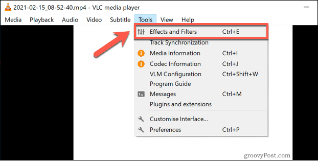 Adgang til menuen VLC Effects and Filters på Windows