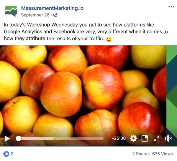 Dette er et screenshot af et Facebook-indlæg fra MeasurementMarking.io-siden. Indlægget viser også en video, der promoverer Chris Mercers Workshop onsdags blymagnet. Brugere, der ser eller klikker på videoen, har muligvis gennemført et bevidsthedsmål.