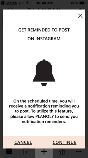 Planoly-appen sender dig en påmindelse, når det er tid til at sende.