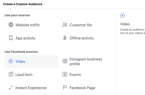 Sådan promoveres din livebegivenhed på Facebook, trin 8, skab tilpasset målgruppe i Facebook Ads Manager baseret på videovisninger