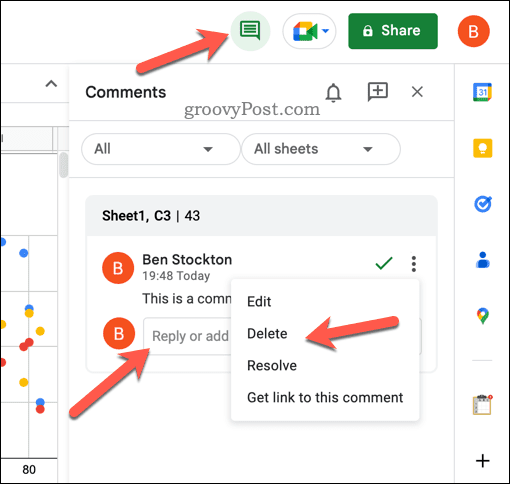 Svar, rediger, løs eller slet kommentarer i Google Sheets