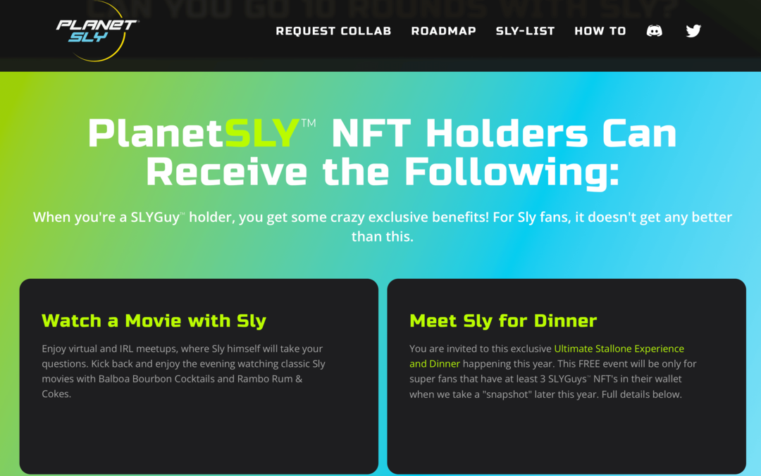 billede af PlanetSly-webstedet, der forklarer fordelene for SLYGuy NFT-holdere