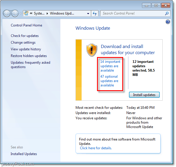 Windows 7 - Skærmbillede af Windows Update-side