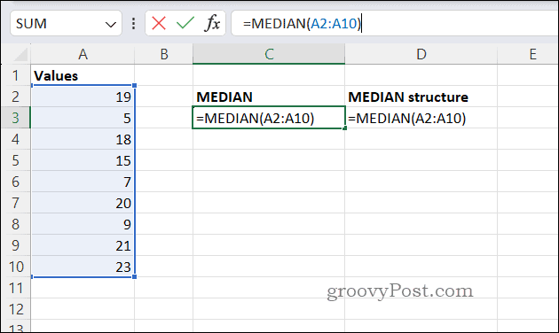 Eksempel MEDIAN formel i Excel