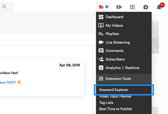 Sådan bruges en videoserie til at udvide din YouTube-kanal, menupunkt for TubeBuddys værktøj til søgeordsudforsker