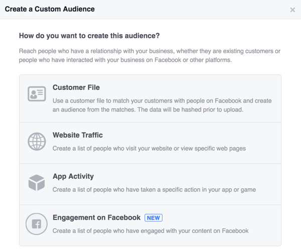 Vælg, hvordan du vil oprette din brugerdefinerede Facebook-målgruppe.