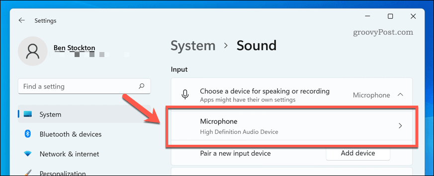 Åbn mikrofonenhed i Windows 11 lydindstillinger