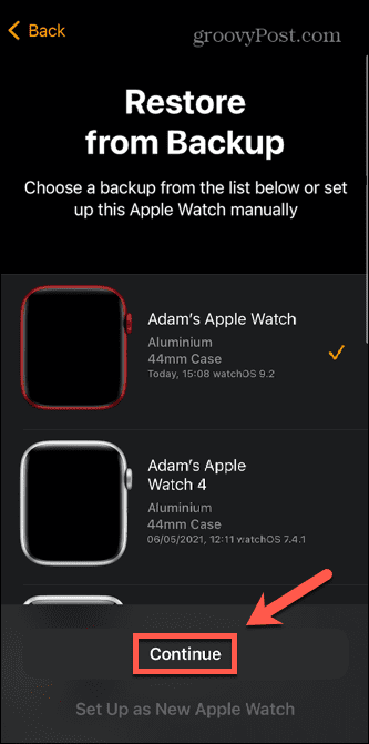 Apple Watch vælg backup