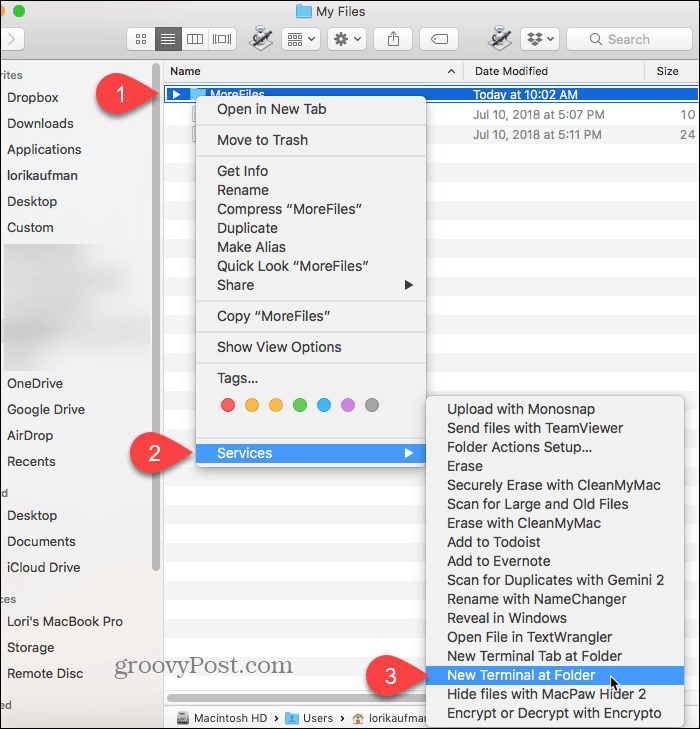 Vælg Ny terminal ved mappe på en Mac