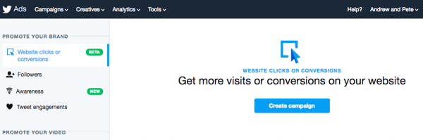 Vælg webstedets klik eller konverteringer for at konfigurere din Twitter-annonce.