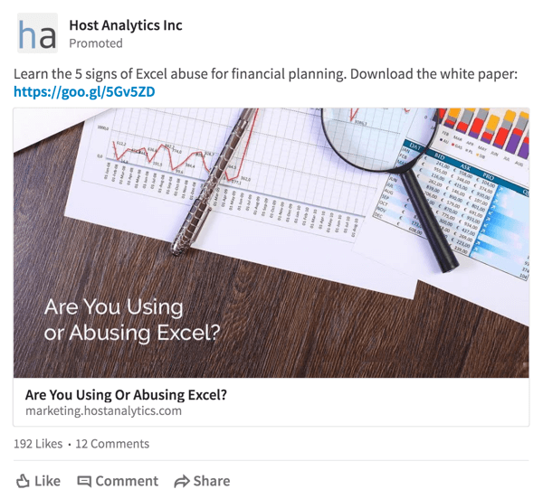 Host Analytics leverer et tilbud om download af hvidbog til en målgruppe på LinkedIn.