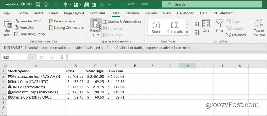 forfriskende lagerdata i Excel